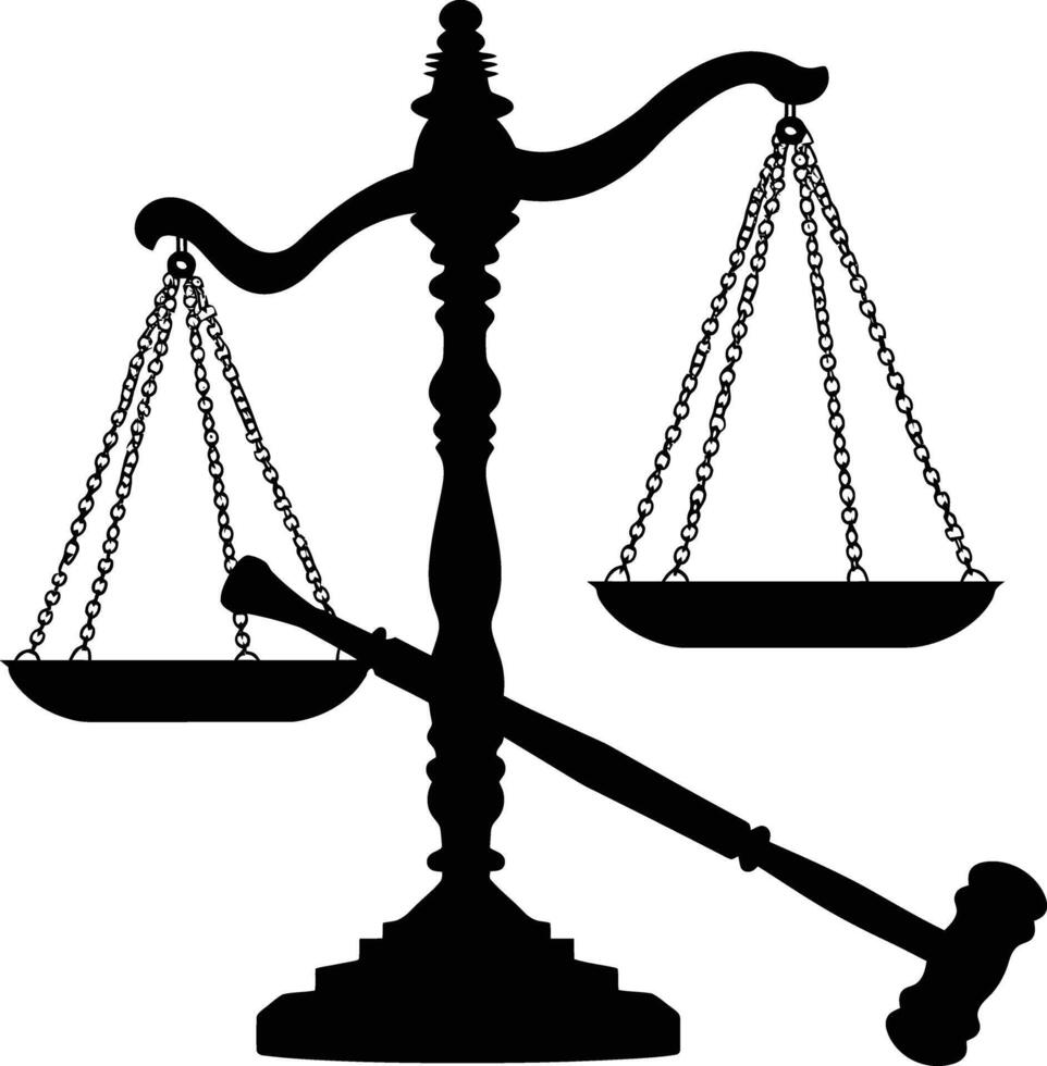 AI generated Silhouette scales symbol of justice with wooden hammer black color only vector