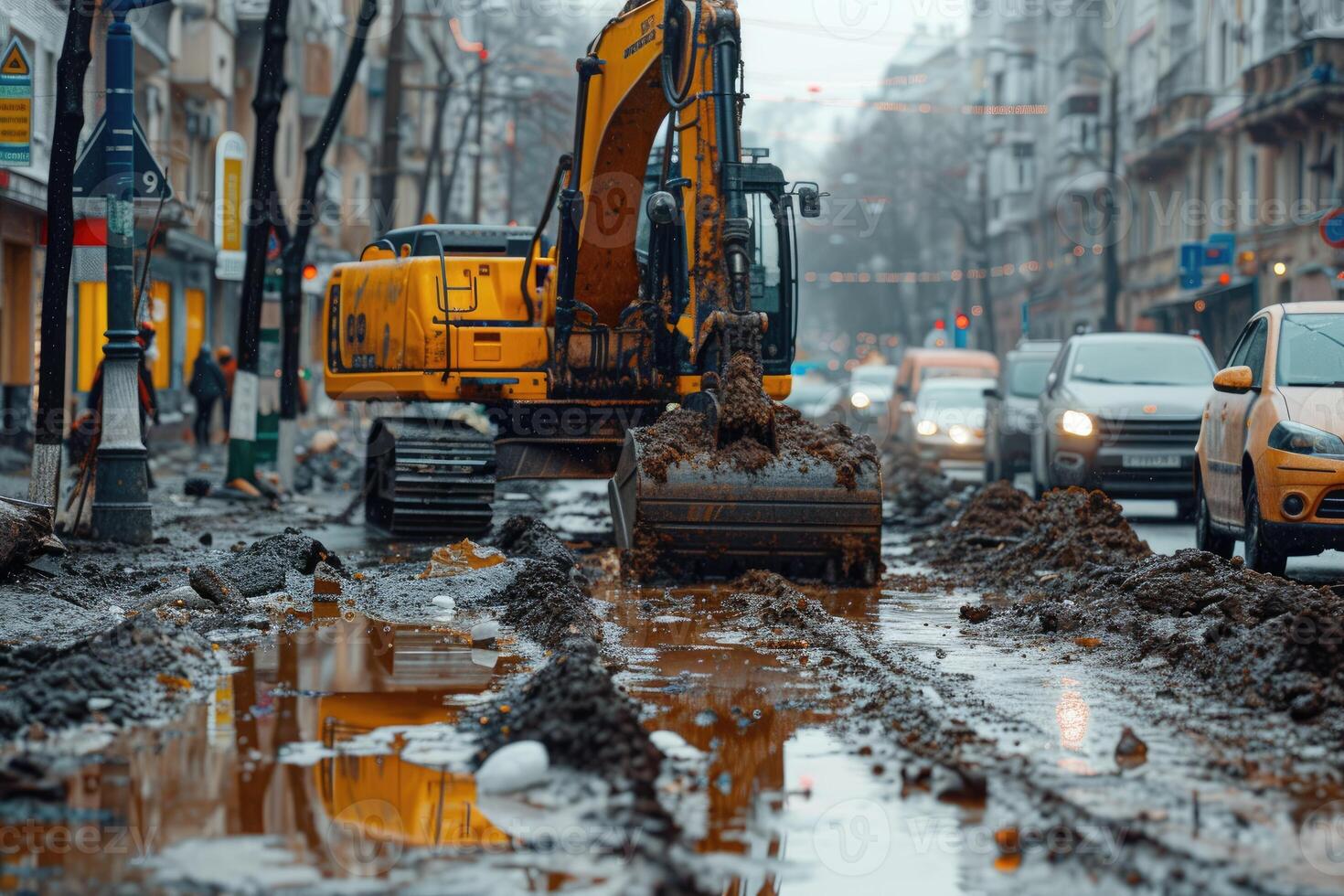 ai generado un excavador excavación suciedad en un construcción profesional fotografía foto