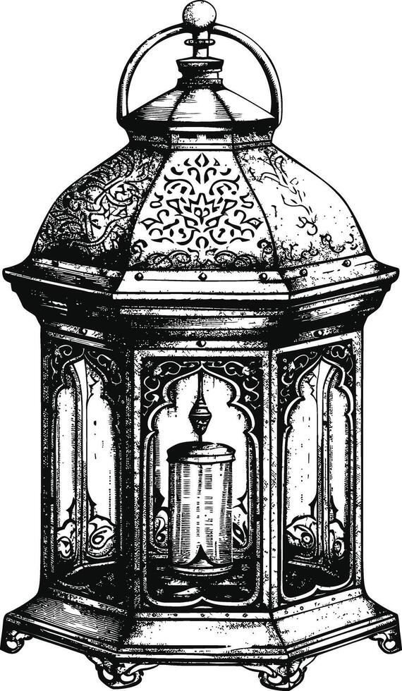 AI generated arabic lantern illustration with engraving style black color only vector