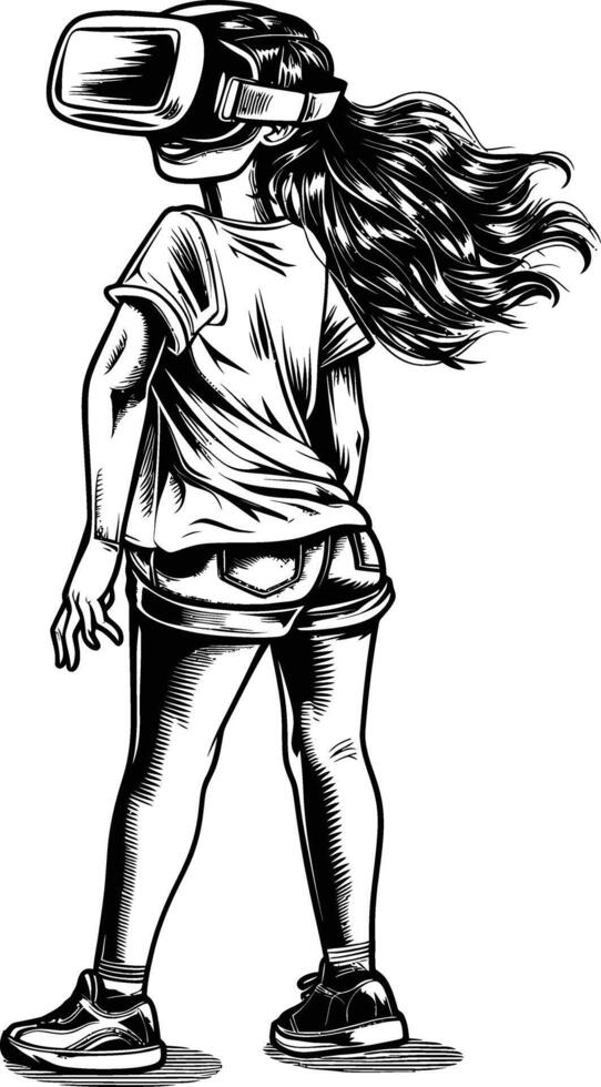 AI generated girl playing virtual reality headset with engraving style black color only vector
