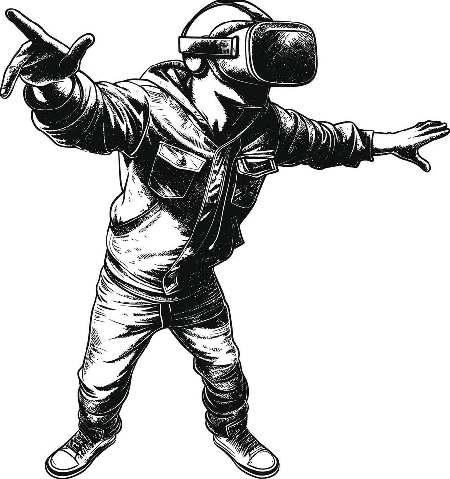 AI generated man playing virtual reality headset with engraving style black color only vector