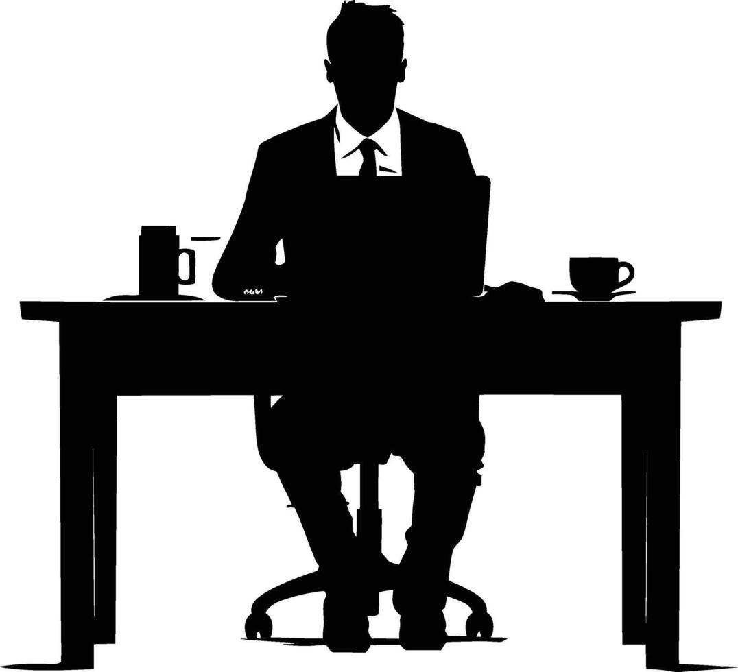 AI generated Silhouette Office Desk With Laptop and Coffee black color only vector