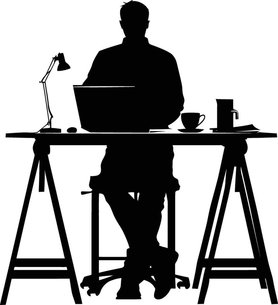 AI generated Silhouette Office Desk With Laptop and Coffee black color only vector