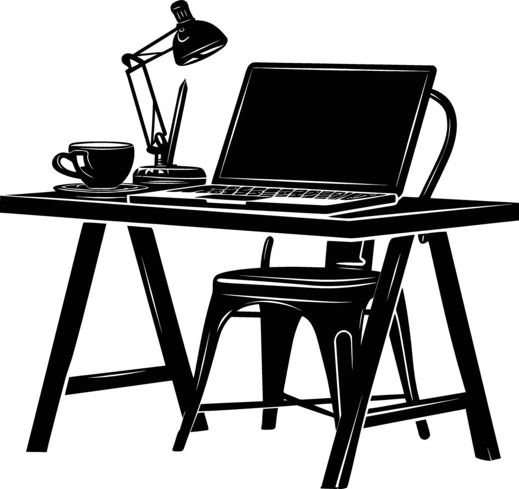 AI generated Silhouette Office Desk With Laptop and Coffee black color only vector