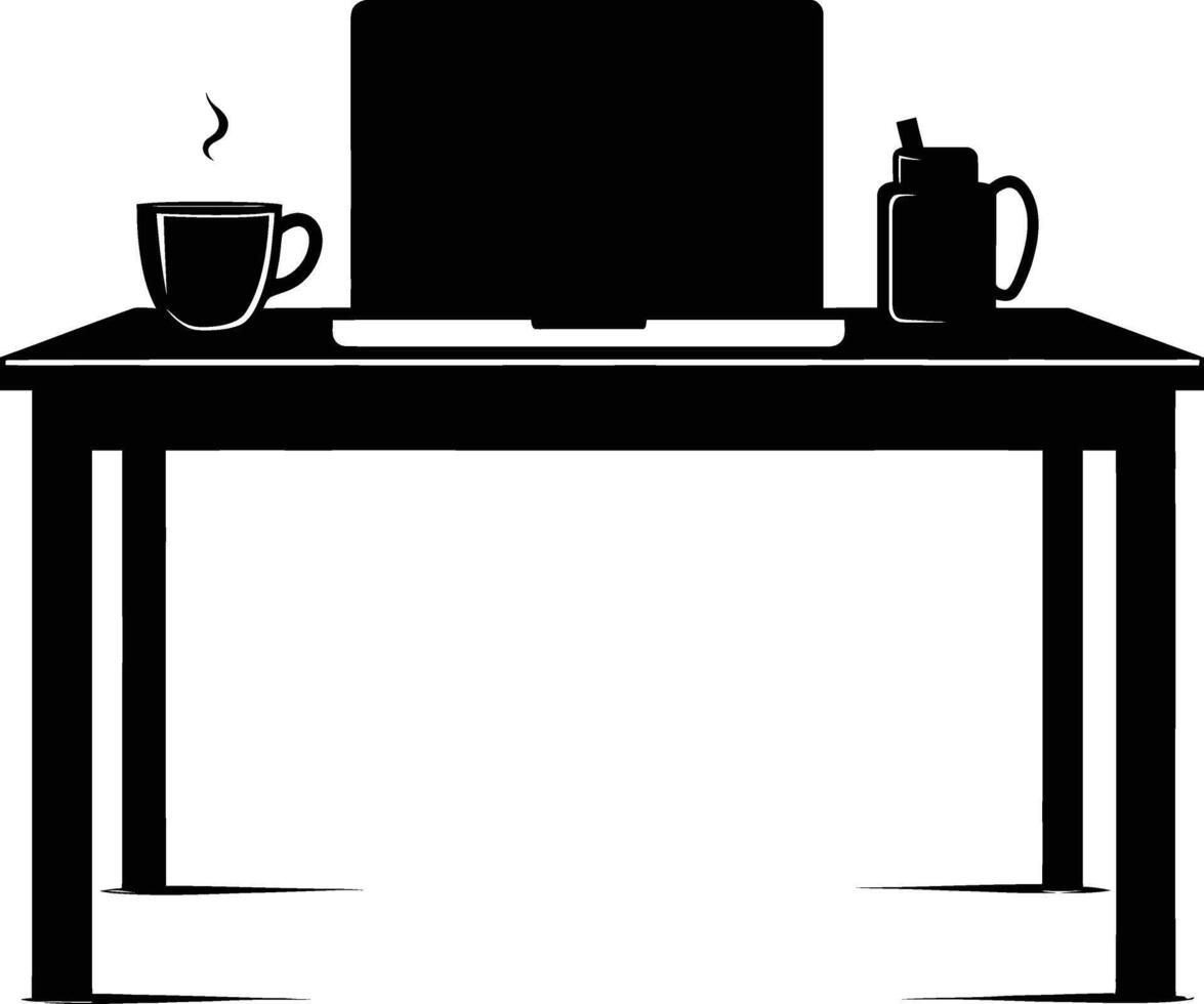 AI generated Silhouette Office Desk With Laptop and Coffee black color only vector