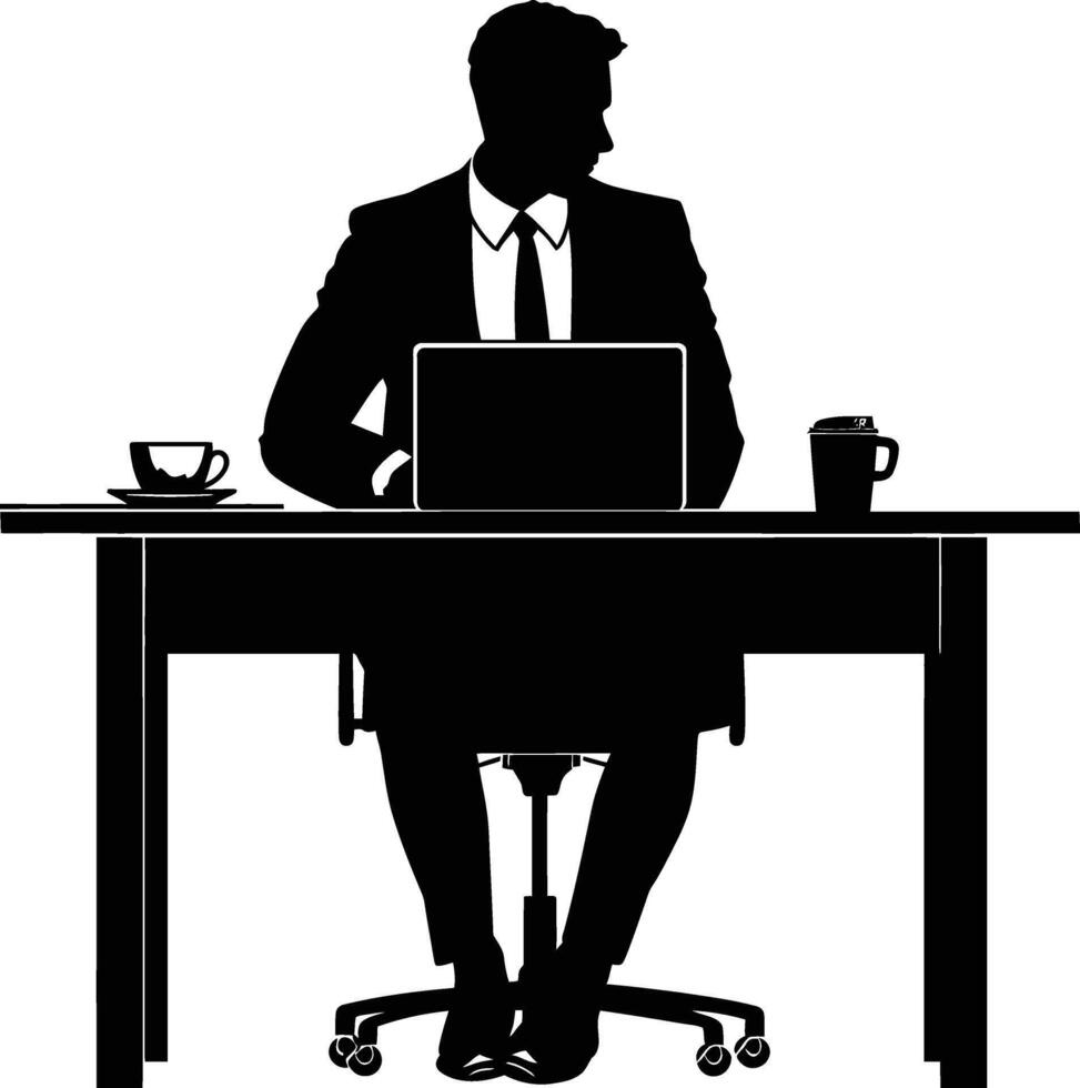 AI generated Silhouette Office Desk With Laptop and Coffee black color only vector