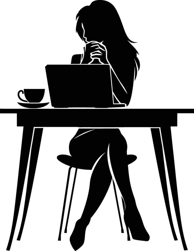 AI generated Silhouette Office Desk With Laptop and Coffee with women working inside vector