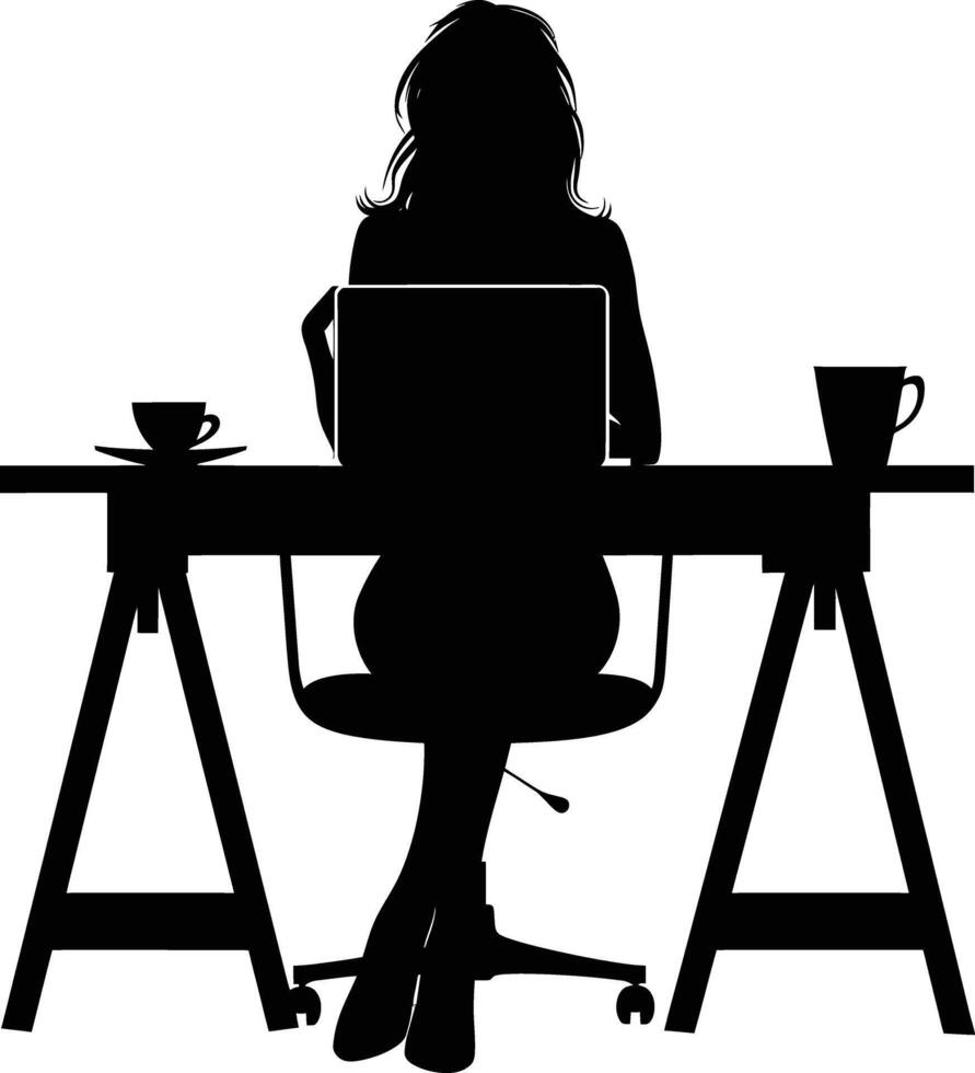 AI generated Silhouette Office Desk With Laptop and Coffee with women working inside vector