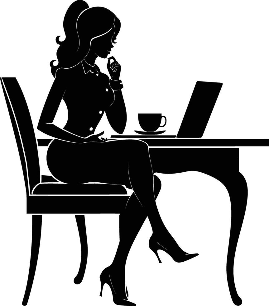 AI generated Silhouette Office Desk With Laptop and Coffee with women working inside vector