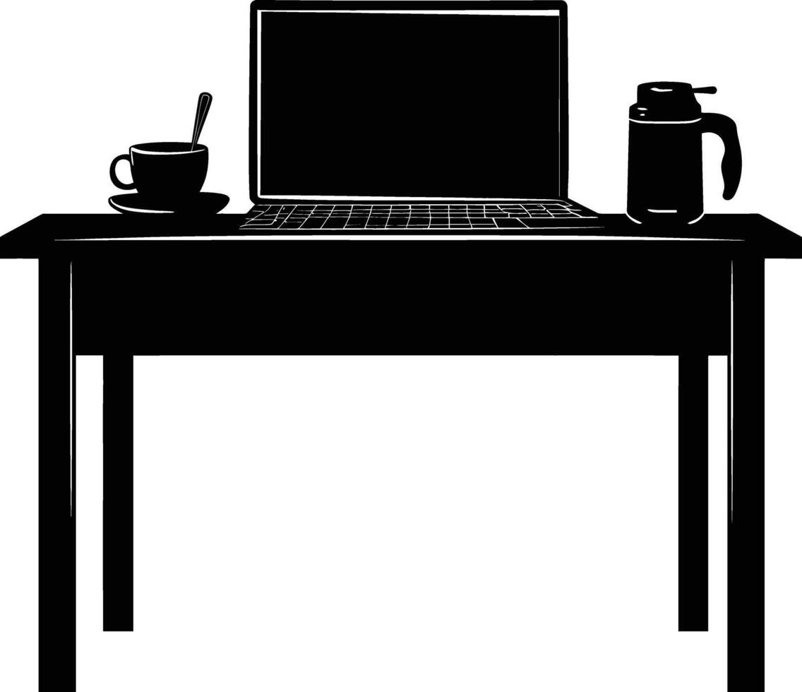 AI generated Silhouette Office Desk With Laptop and Coffee black color only vector