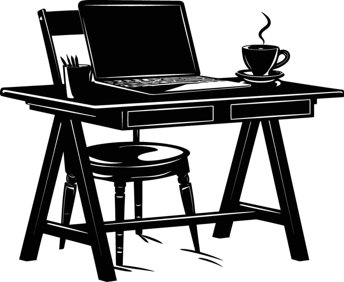 AI generated Silhouette Office Desk With Laptop and Coffee black color only vector