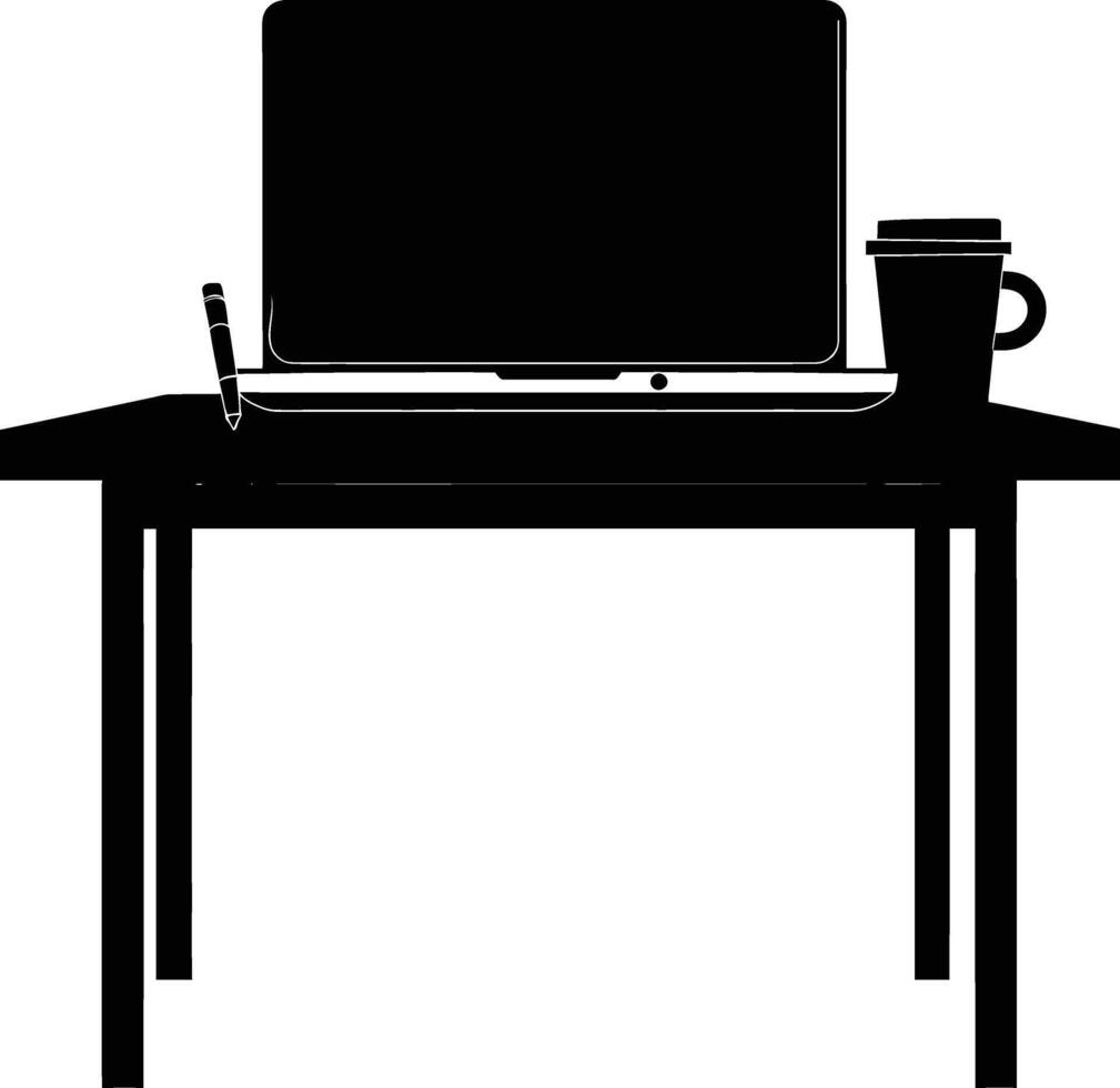 AI generated Silhouette Office Desk With Laptop and Coffee black color only vector