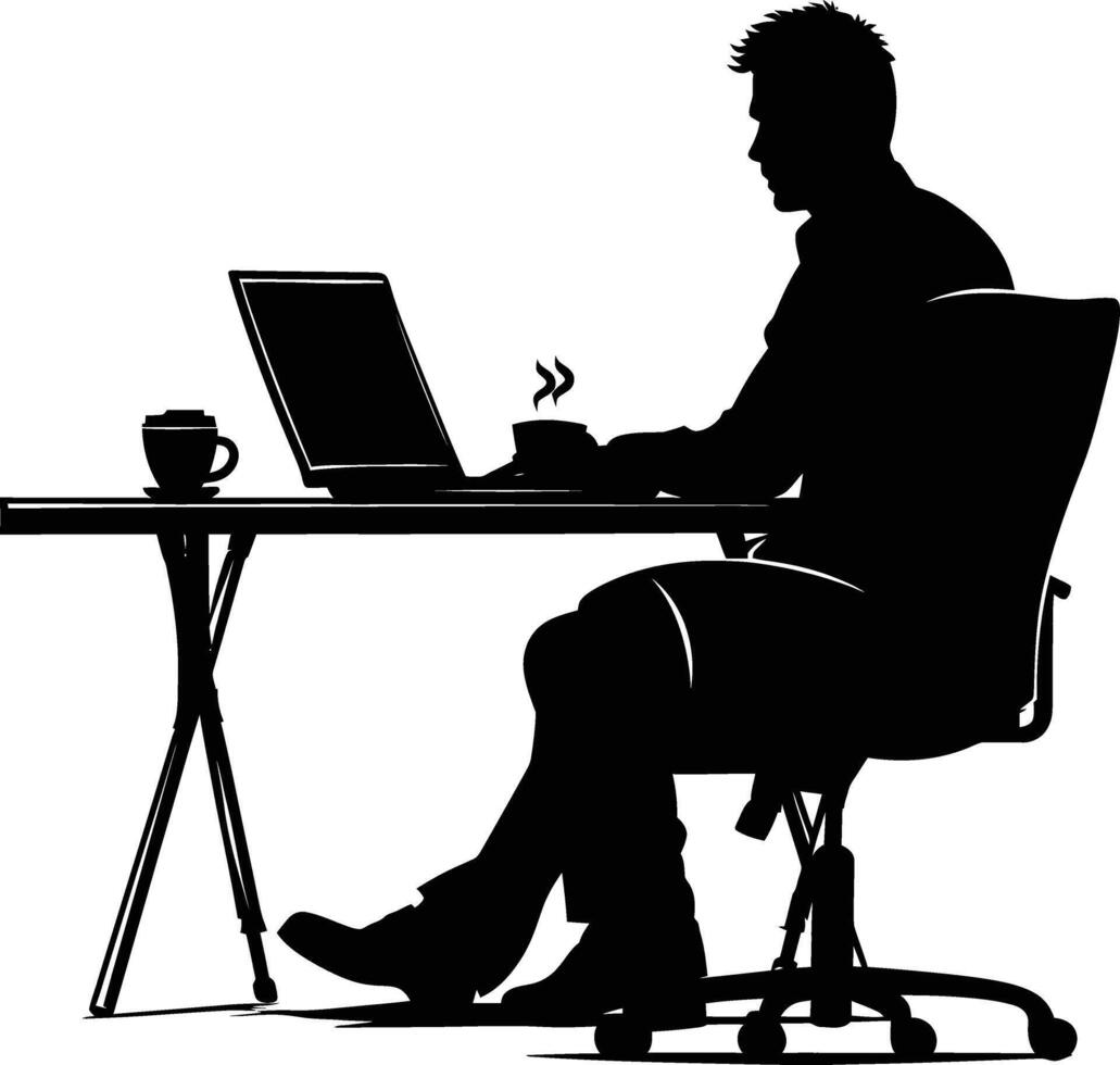 AI generated Silhouette Office Desk With Laptop and Coffee black color only vector