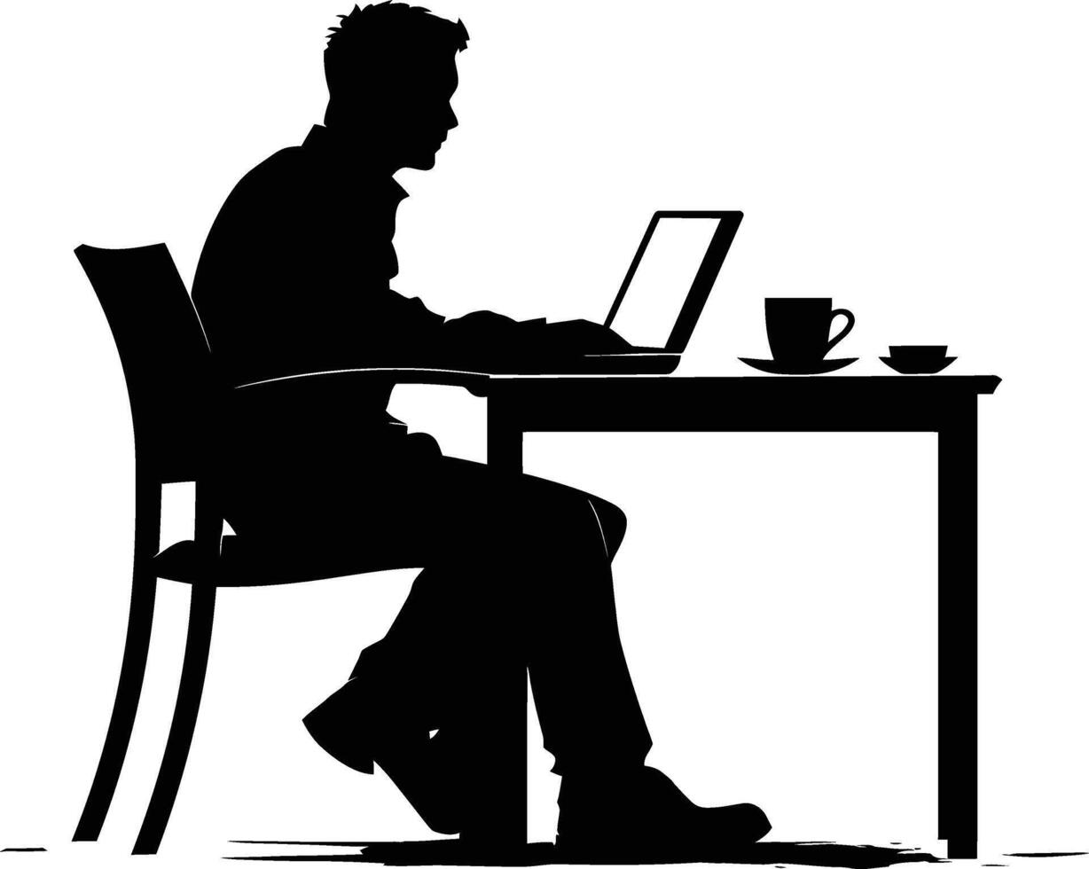 AI generated Silhouette Office Desk With Laptop and Coffee black color only vector