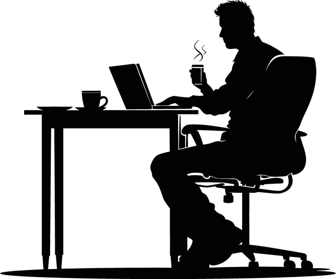 AI generated Silhouette Office Desk With Laptop and Coffee black color only vector