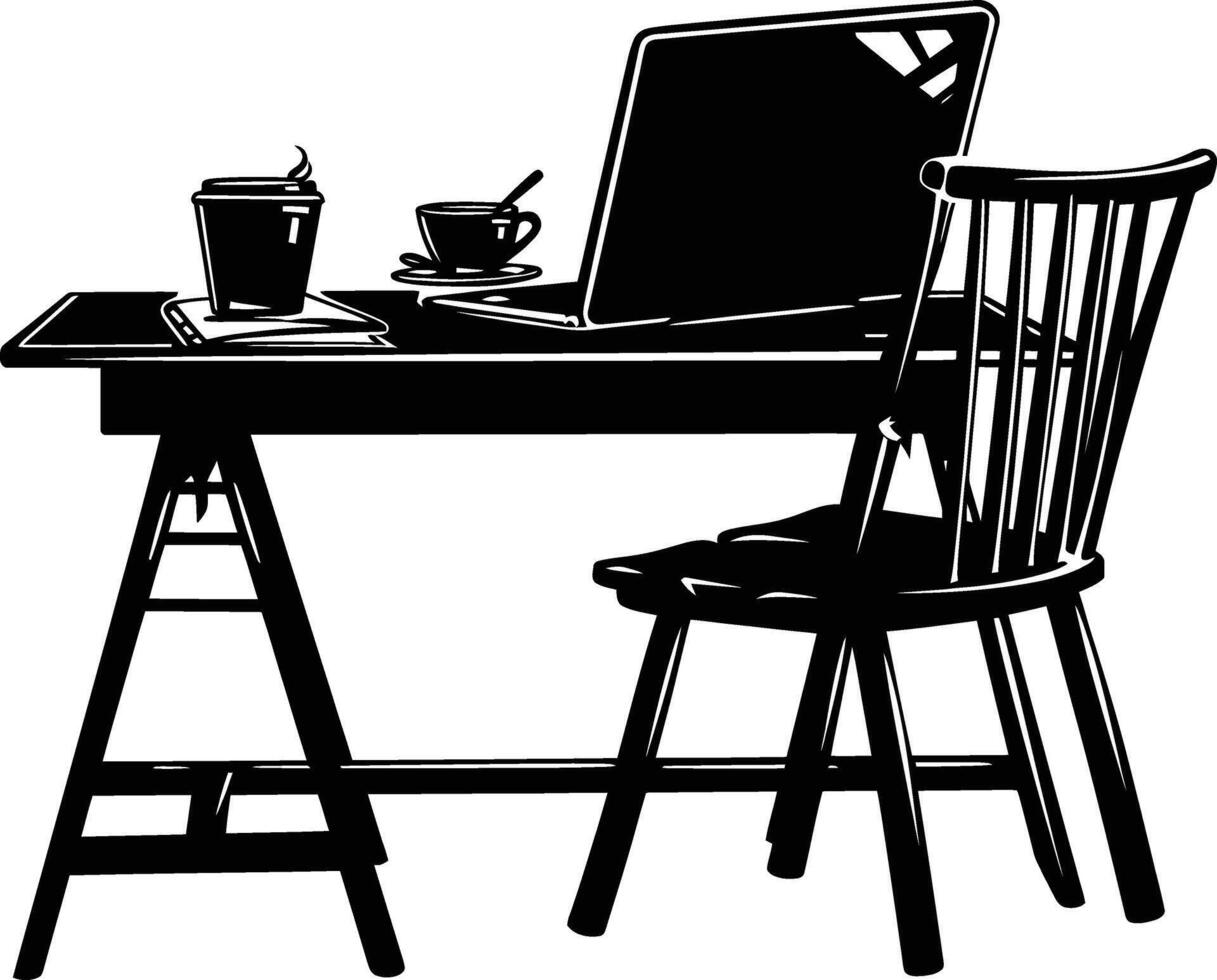 AI generated Silhouette Office Desk With Laptop and Coffee black color only vector