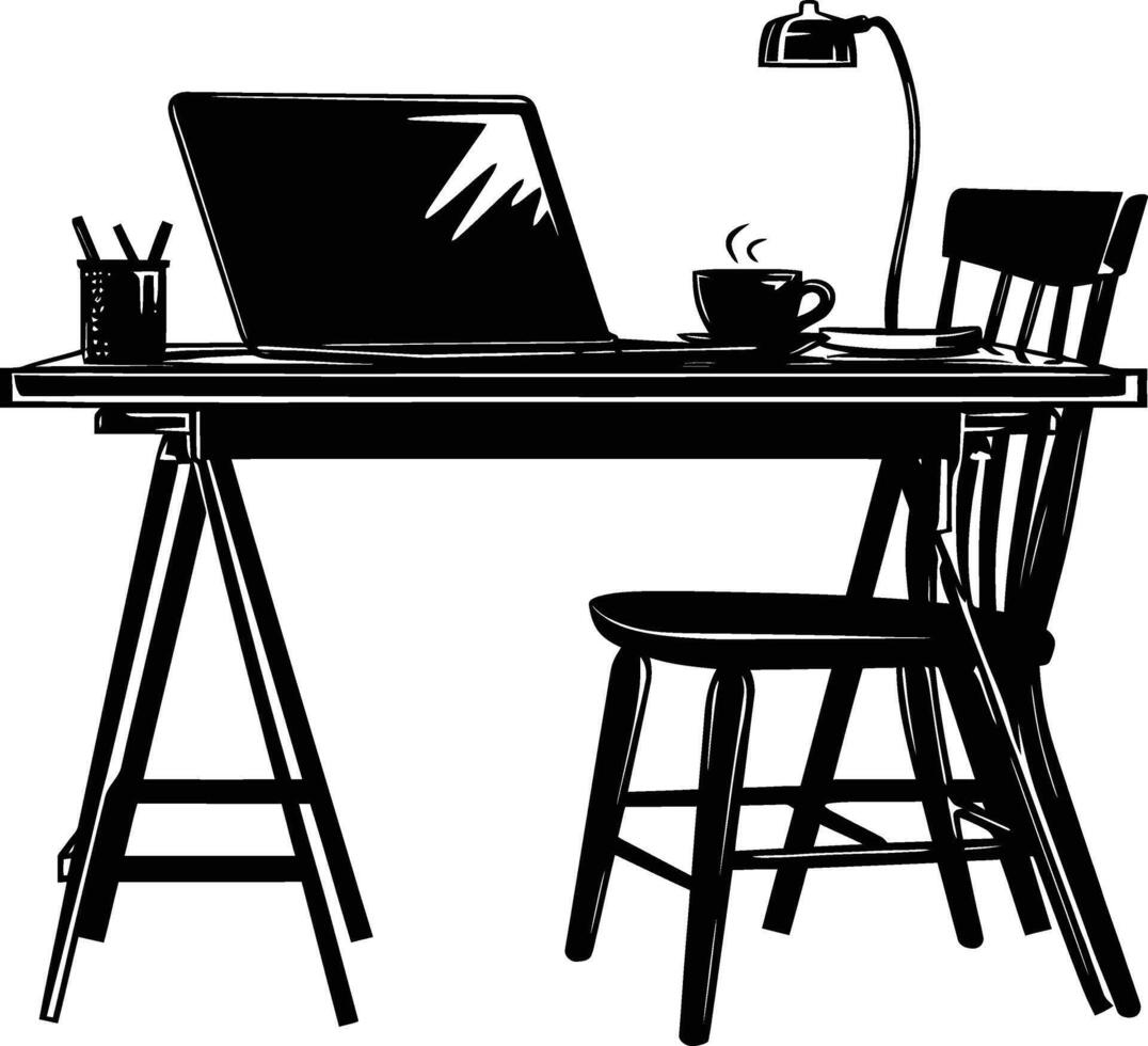 AI generated Silhouette Office Desk With Laptop and Coffee black color only vector