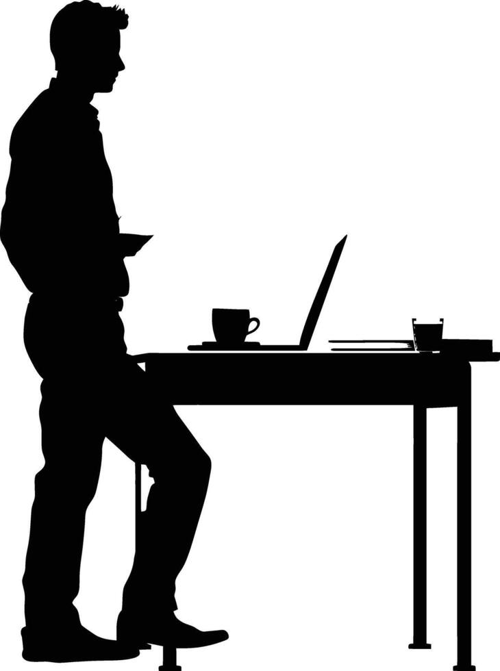 AI generated Silhouette Office Desk With Laptop and Coffee black color only vector