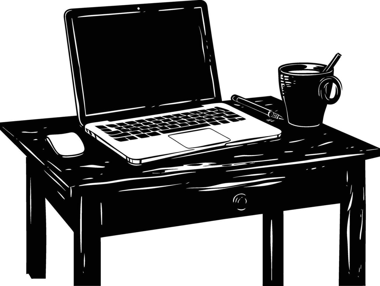 AI generated Silhouette Office Desk With Laptop and Coffee black color only vector