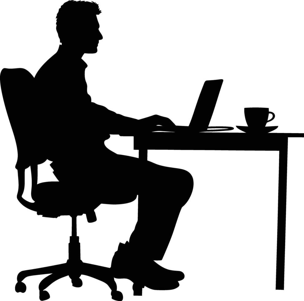 AI generated Silhouette Office Desk With Laptop and Coffee black color only vector