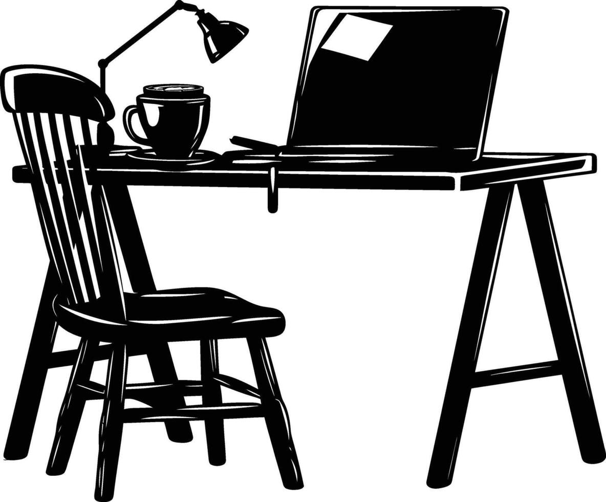 AI generated Silhouette Office Desk With Laptop and Coffee black color only vector