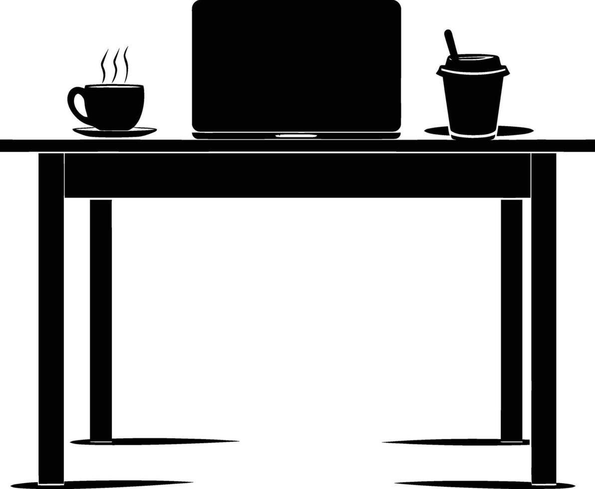 AI generated Silhouette Office Desk With Laptop and Coffee black color only vector