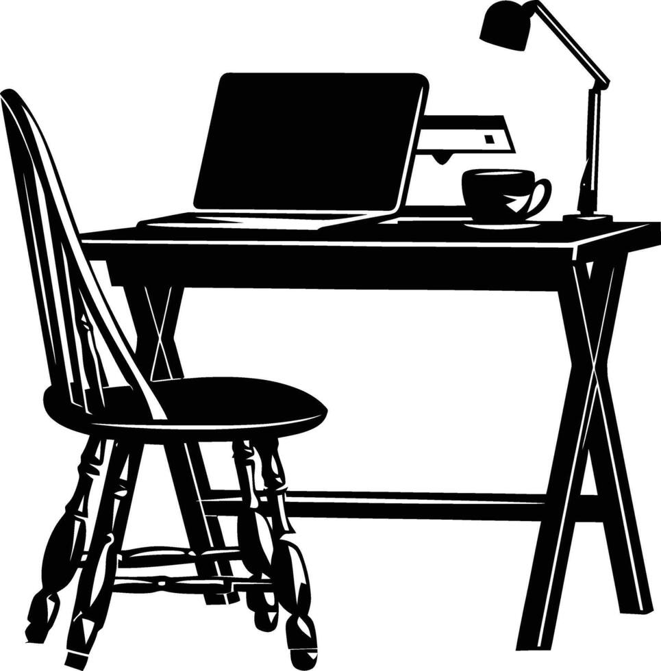 AI generated Silhouette Office Desk With Laptop and Coffee black color only vector