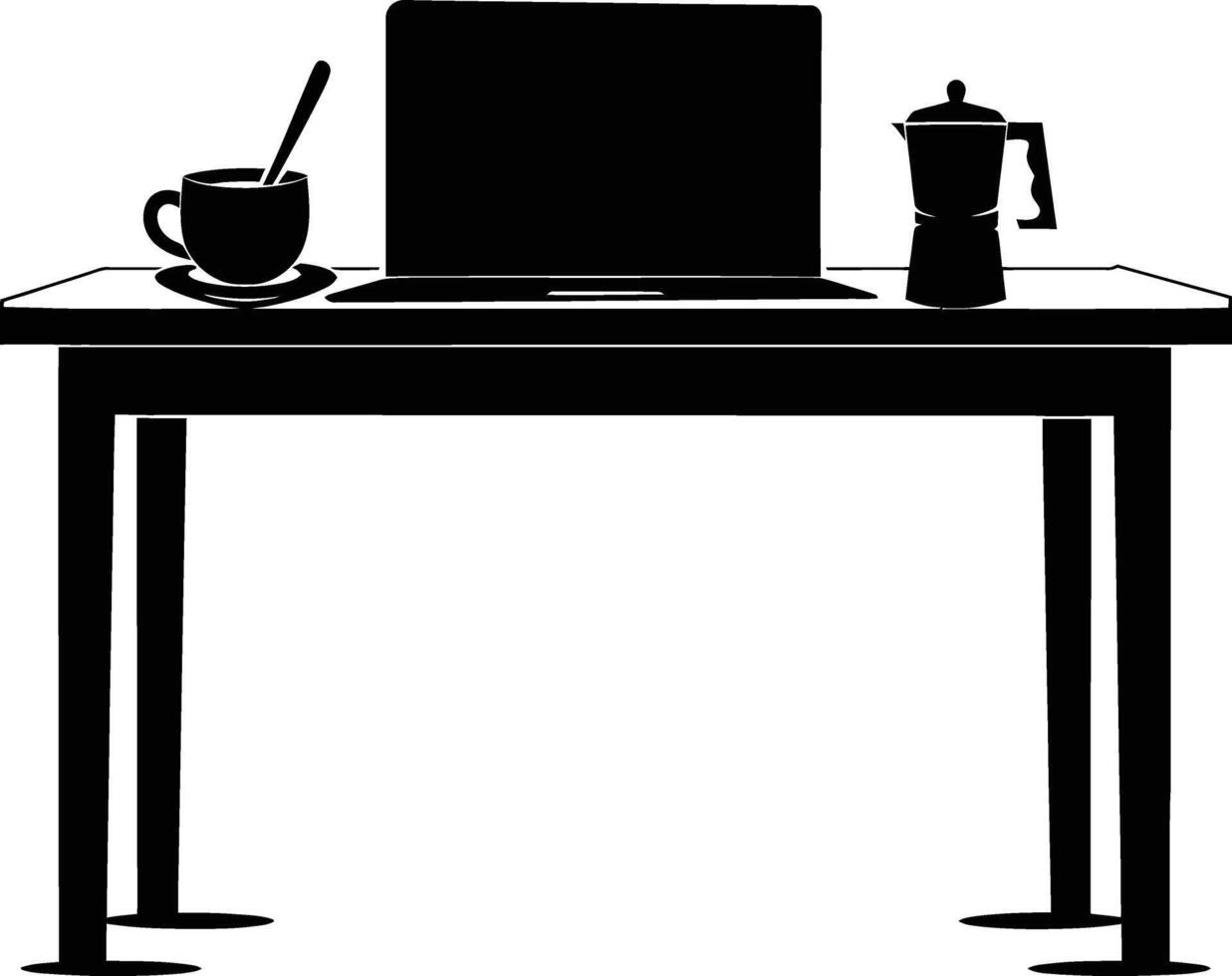 AI generated Silhouette Office Desk With Laptop and Coffee black color only vector