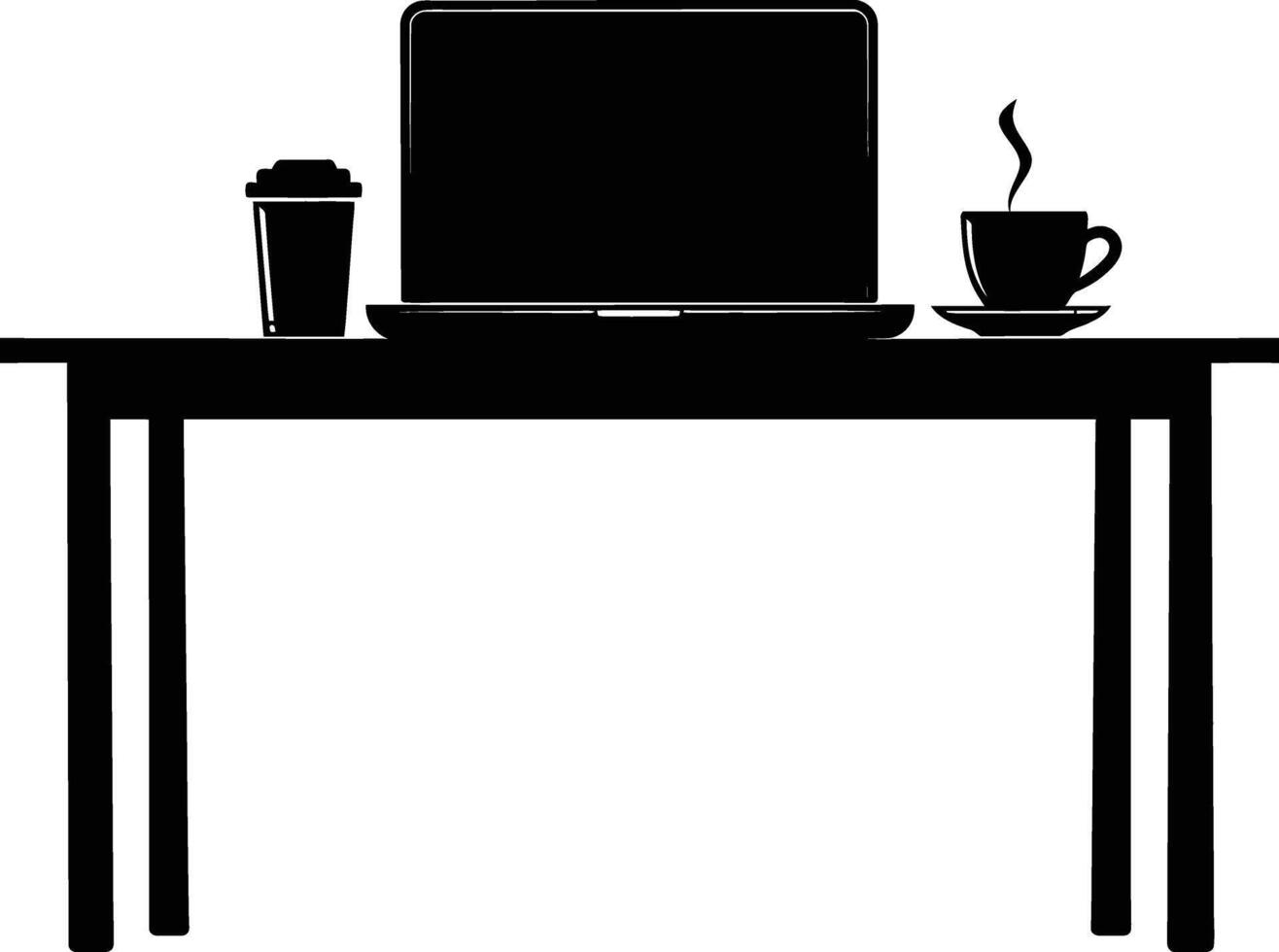 AI generated Silhouette Office Desk With Laptop and Coffee black color only vector