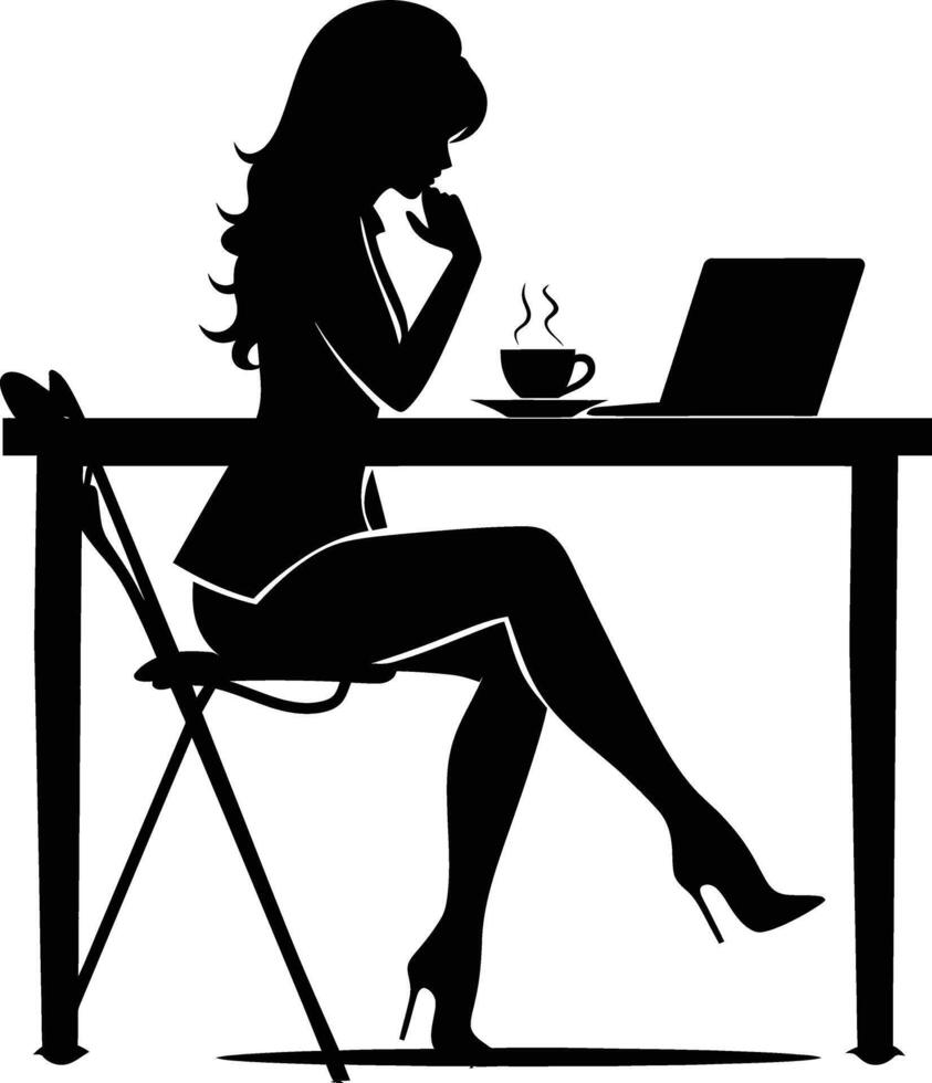 AI generated Silhouette Office Desk With Laptop and Coffee with women working inside vector