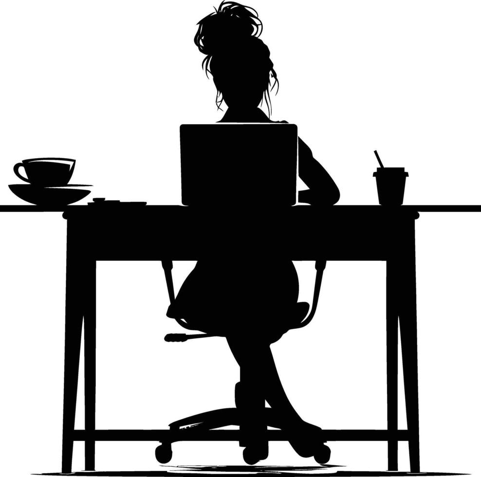 AI generated Silhouette Office Desk With Laptop and Coffee with women working inside vector