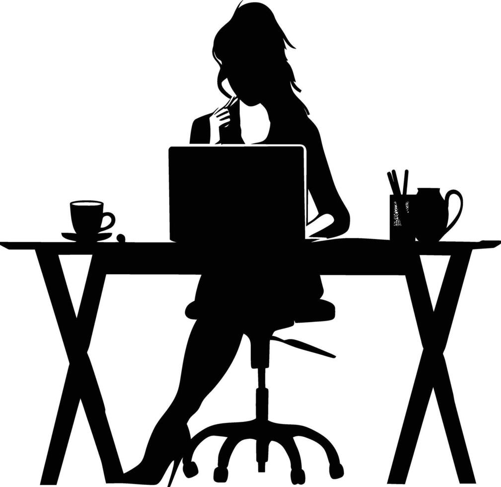 ai generado silueta oficina escritorio con ordenador portátil y café con mujer trabajando dentro vector