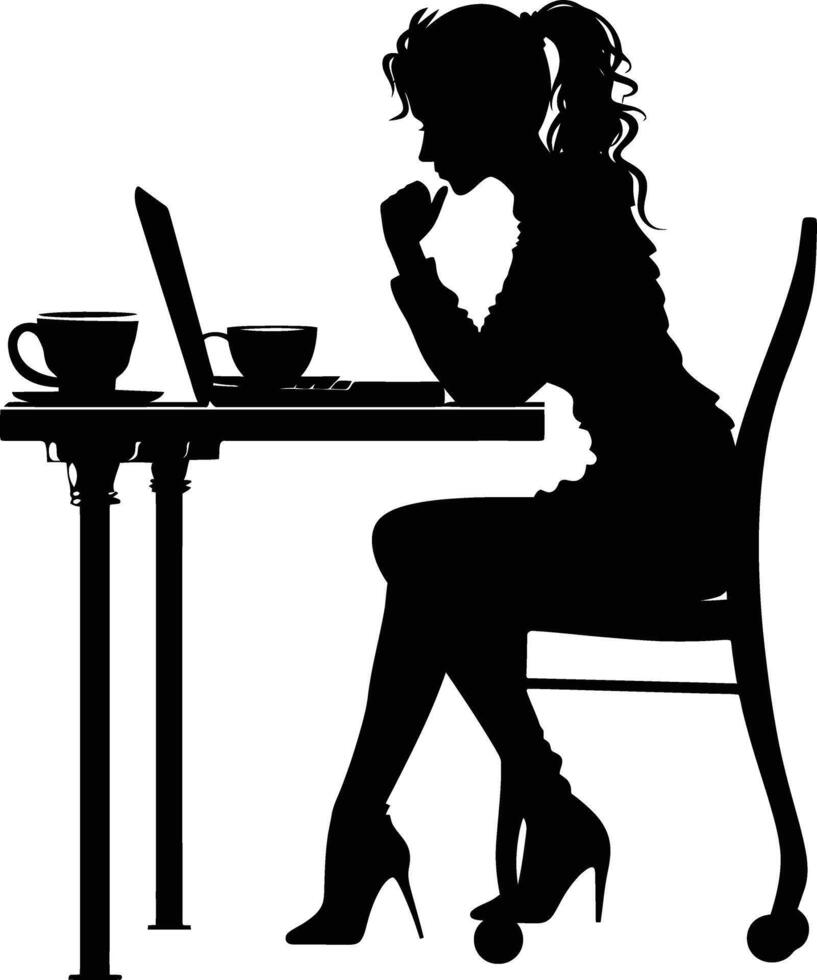 AI generated Silhouette Office Desk With Laptop and Coffee with women working inside vector
