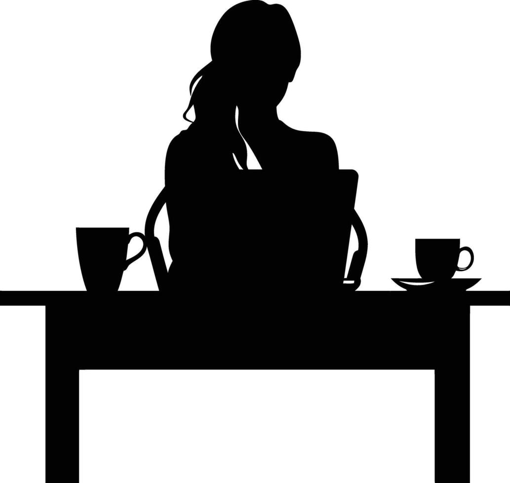 AI generated Silhouette Office Desk With Laptop and Coffee with women working inside vector