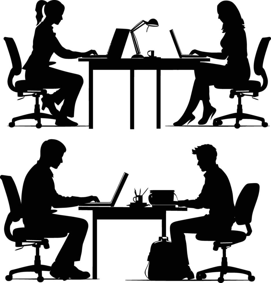 AI generated Silhouette Office Desk With Laptop people Work inside vector