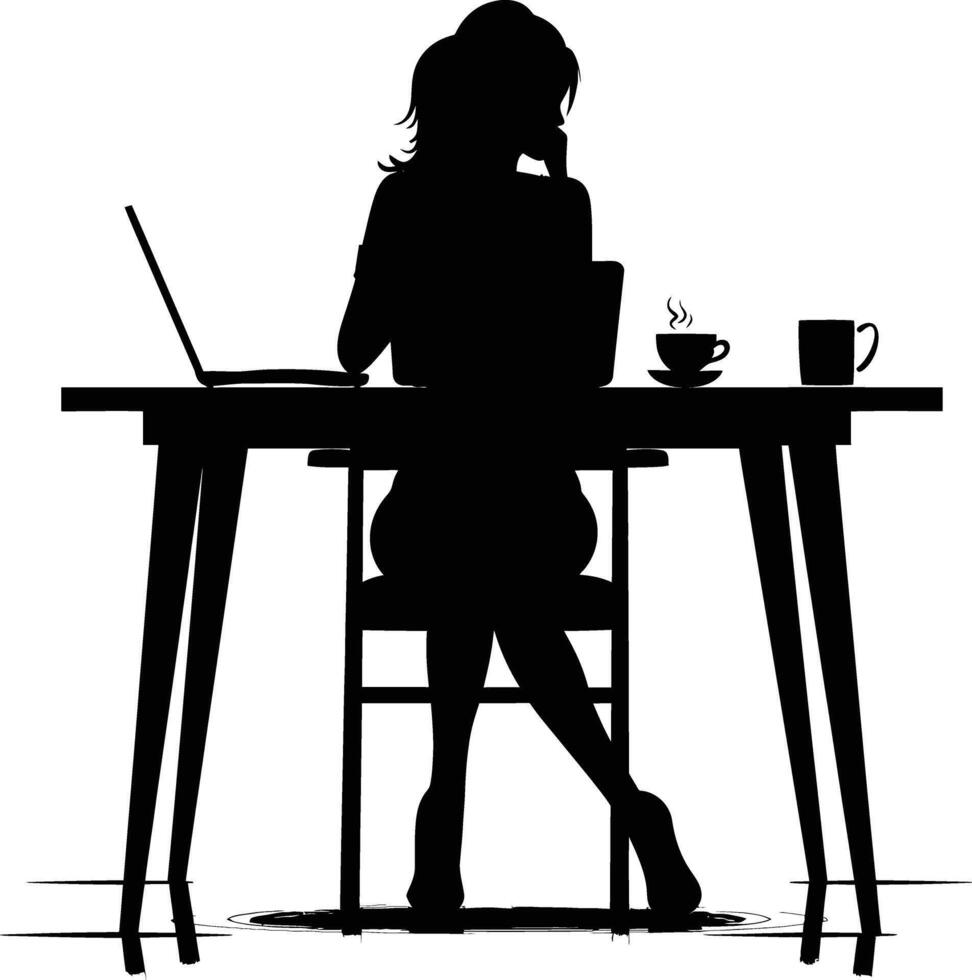 ai generado silueta oficina escritorio con ordenador portátil y café con mujer trabajando dentro vector