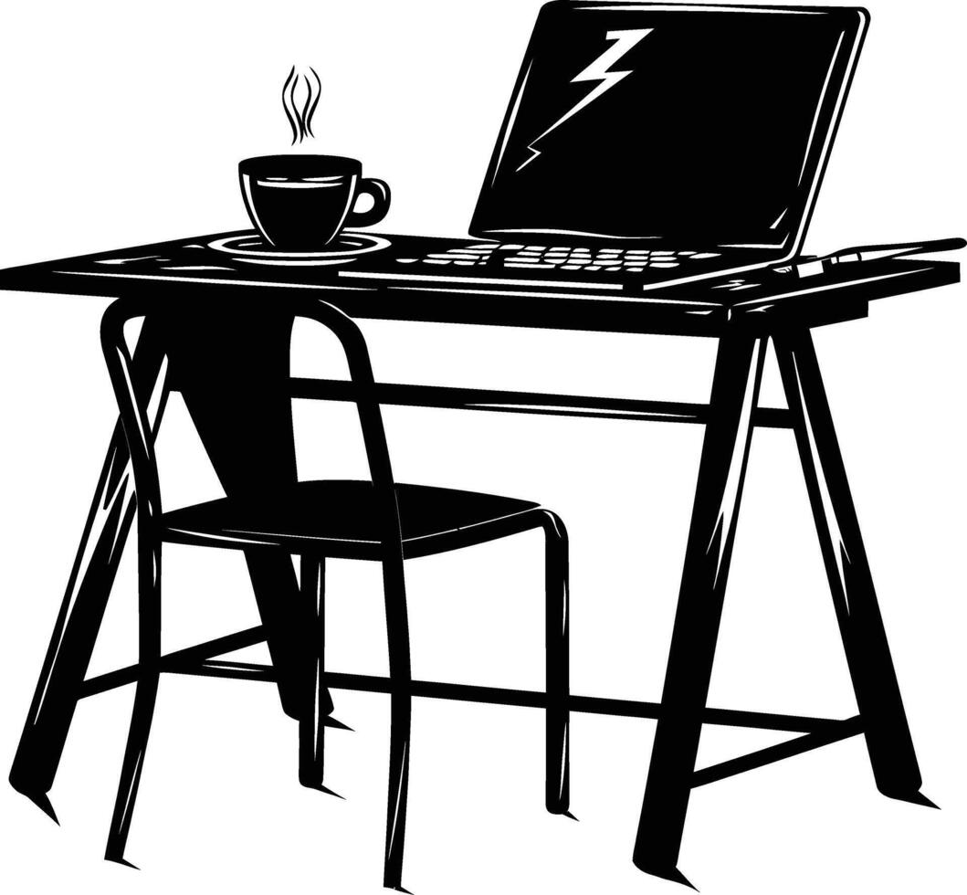 AI generated Silhouette Office Desk With Laptop and Coffee black color only vector