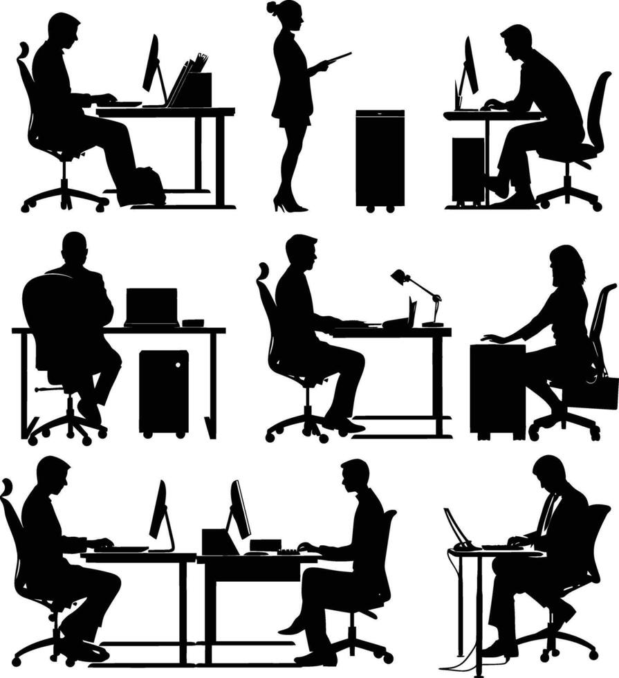 AI generated Silhouette Office Desk With Laptop people Work inside vector