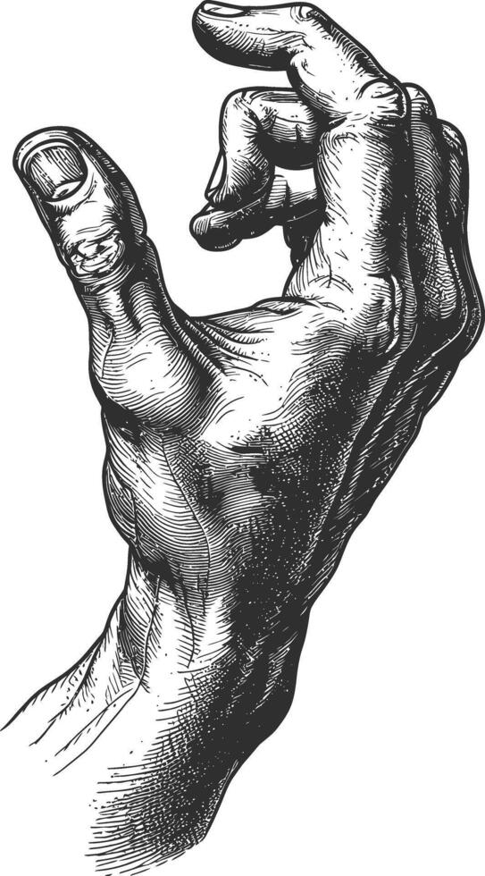 AI generated hand gesture in old engraving style for drawing reference black color only vector