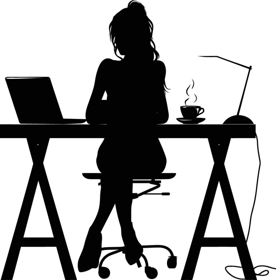 AI generated Silhouette Office Desk With Laptop and Coffee with women working inside vector