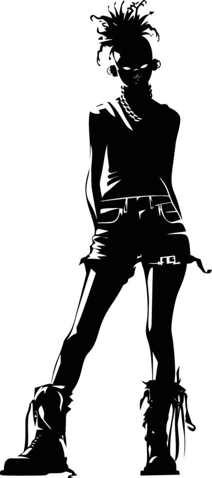 AI generated Silhouette punk lady woman skin head black color only full body vector