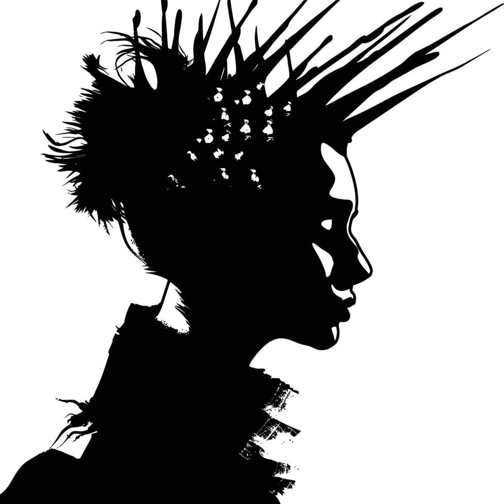 AI generated Silhouette punk lady woman skin head black color only vector