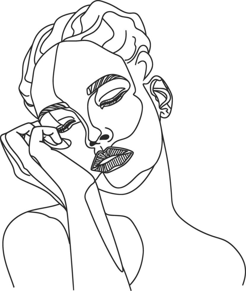 AI generated aesthetic woman with continuous line art style black color only vector