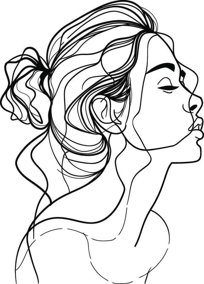 AI generated aesthetic woman with continuous line art style black color only vector