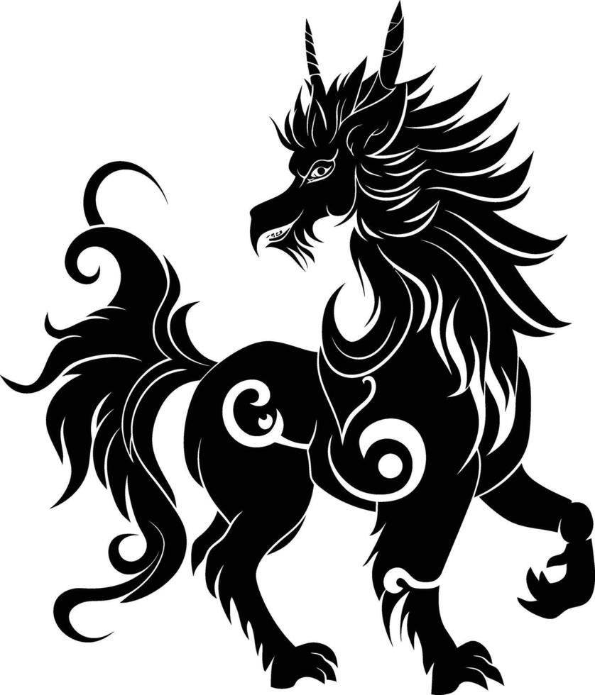 AI generated Silhouette Kirin the Mythical Creature black color only vector