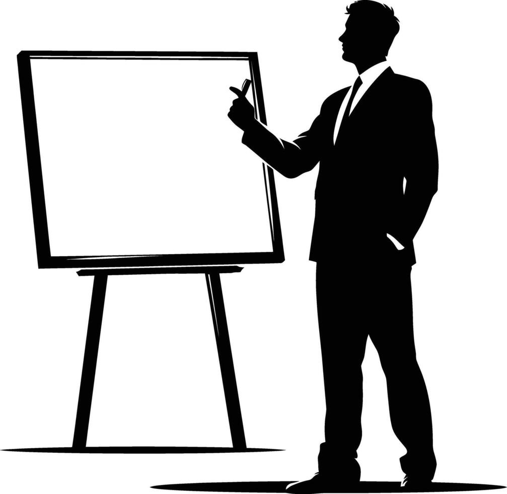 AI generated Silhouette Business Man Making Presentation on Whiteboard black color only vector