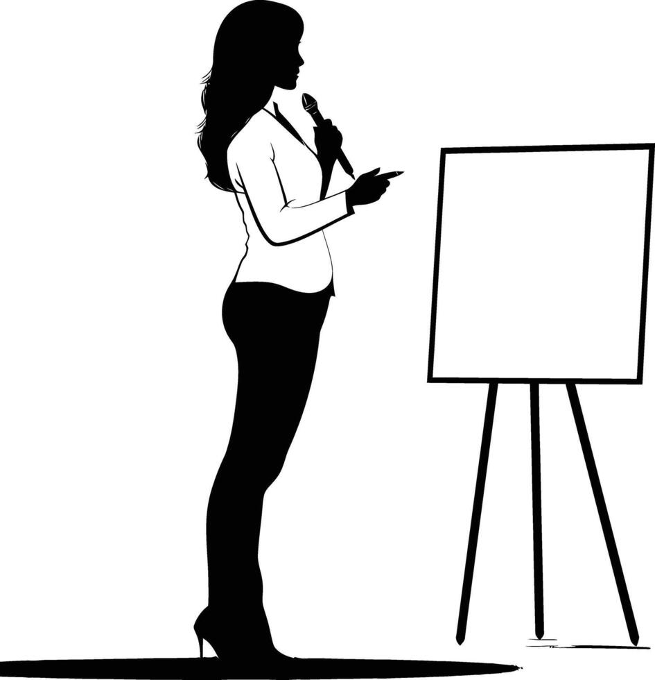 ai generado silueta negocio mujer haciendo presentación en pizarron negro color solamente vector