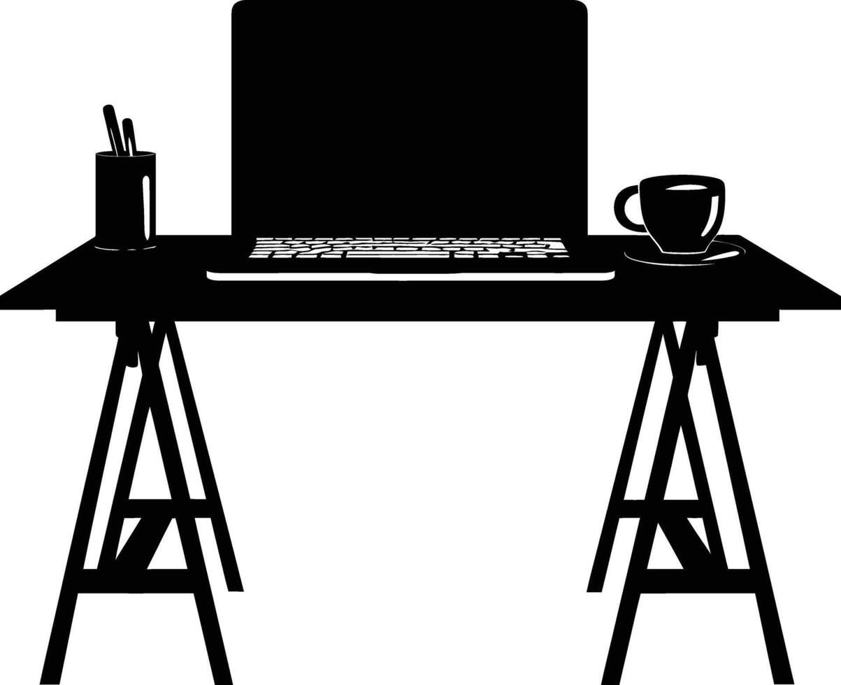 AI generated Silhouette Office Desk With Laptop and Coffee vector