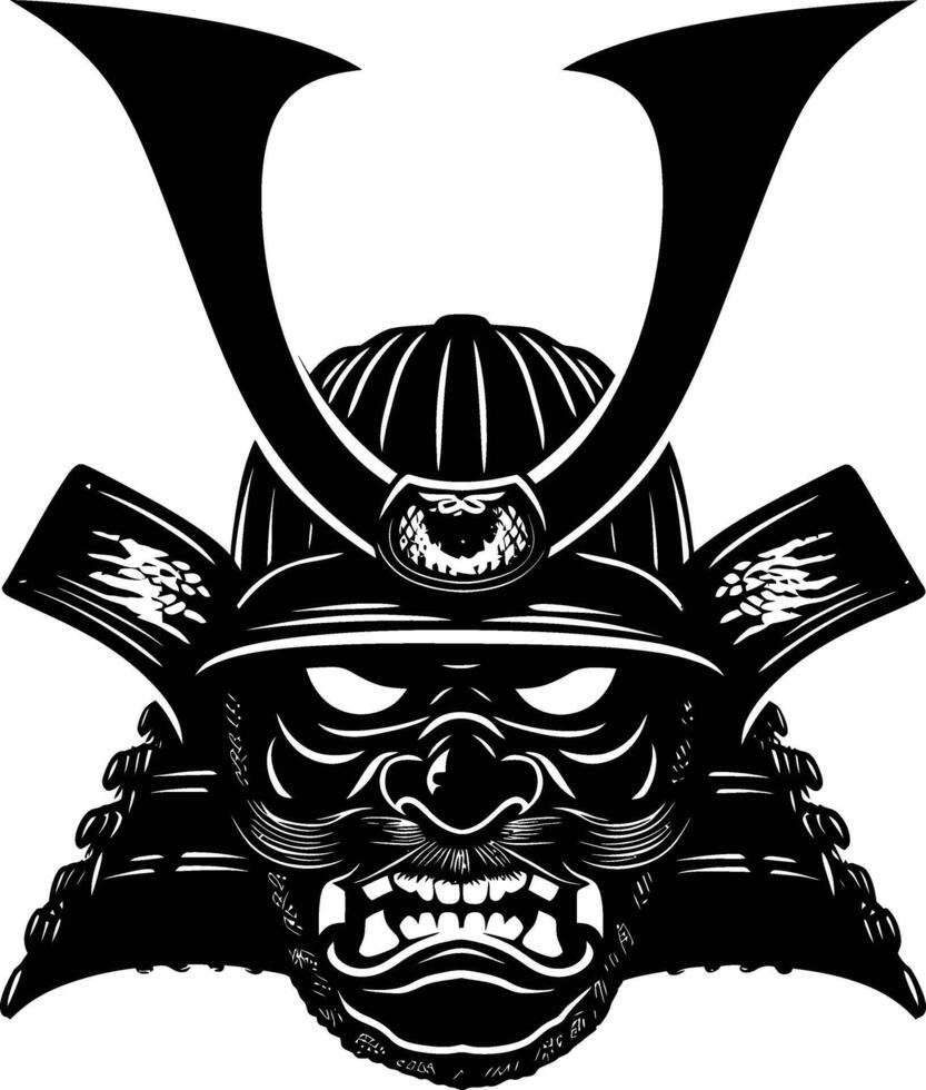 AI generated Silhouette japanese Shogun Warrior Helmet black color only vector