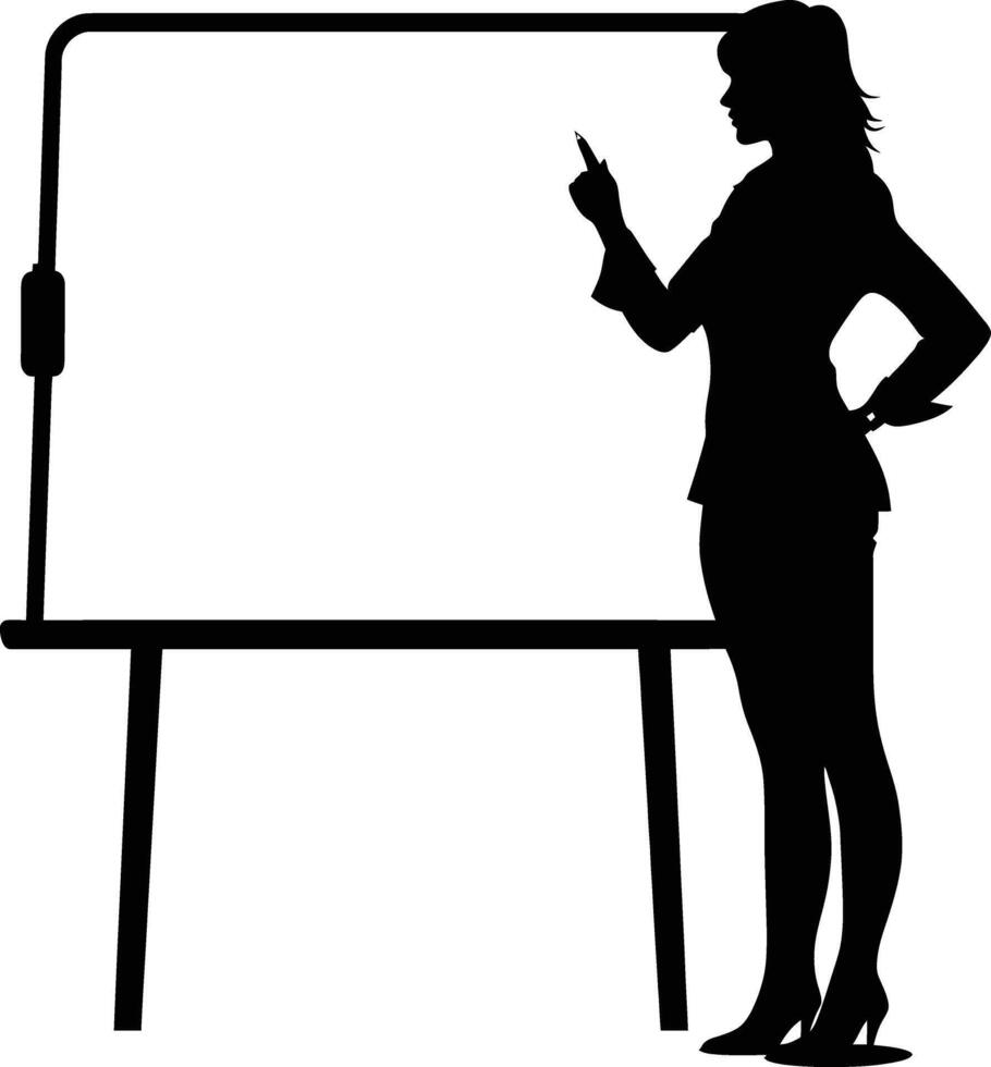 AI generated Silhouette Business Woman Making Presentation on Whiteboard black color only vector